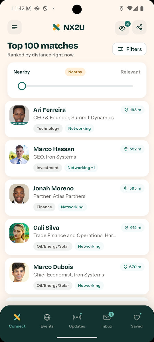 NX2U app — attendees nearby, ranked by distance