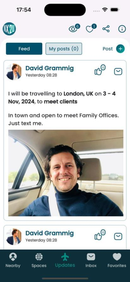 NX2U app — business travel updates feed